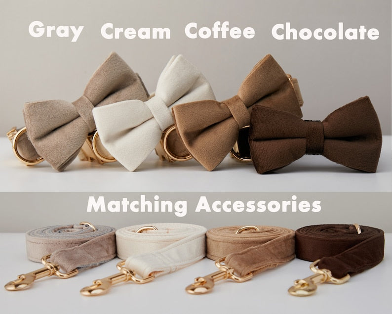 Velvet Personalized Dog Collar Leash Set With Bow
