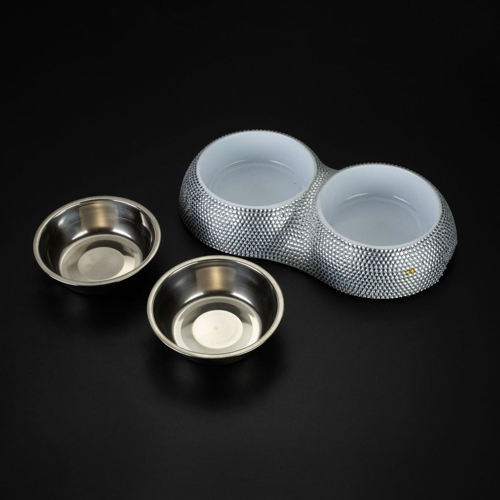 Diamond-Studded Stainless Steel Double Dog Bowl – Elegant Pet Feeder