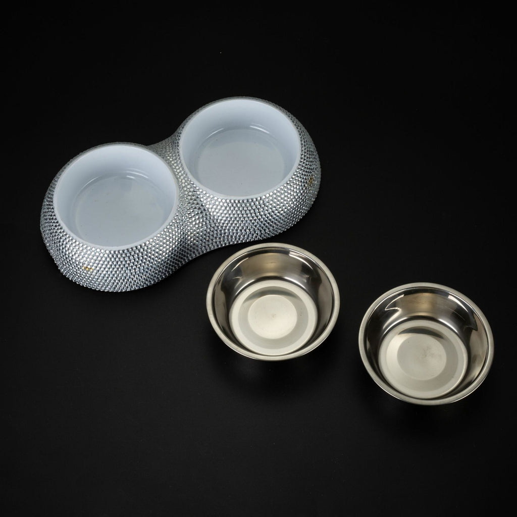 Diamond-Studded Stainless Steel Double Dog Bowl – Elegant Pet Feeder