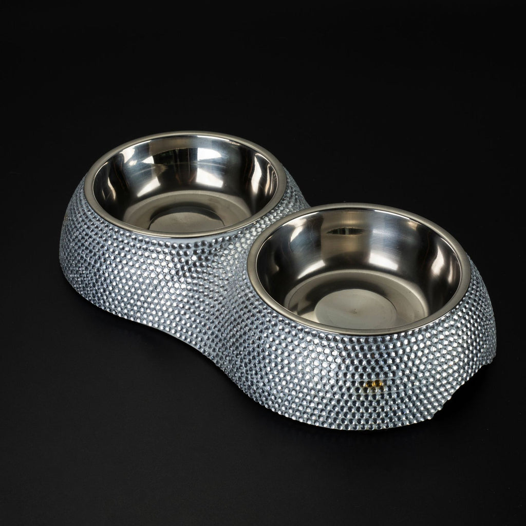 Diamond-Studded Stainless Steel Double Dog Bowl – Elegant Pet Feeder