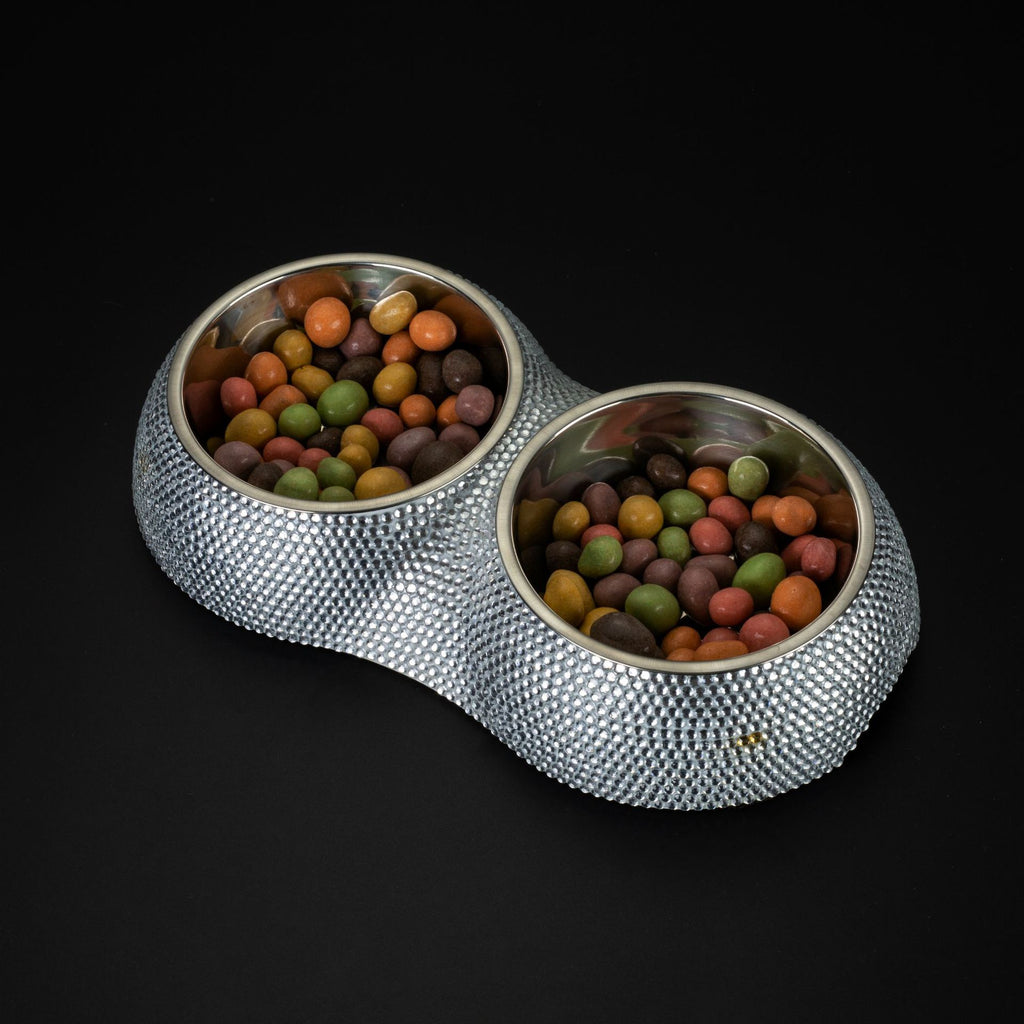 Diamond-Studded Stainless Steel Double Dog Bowl – Elegant Pet Feeder