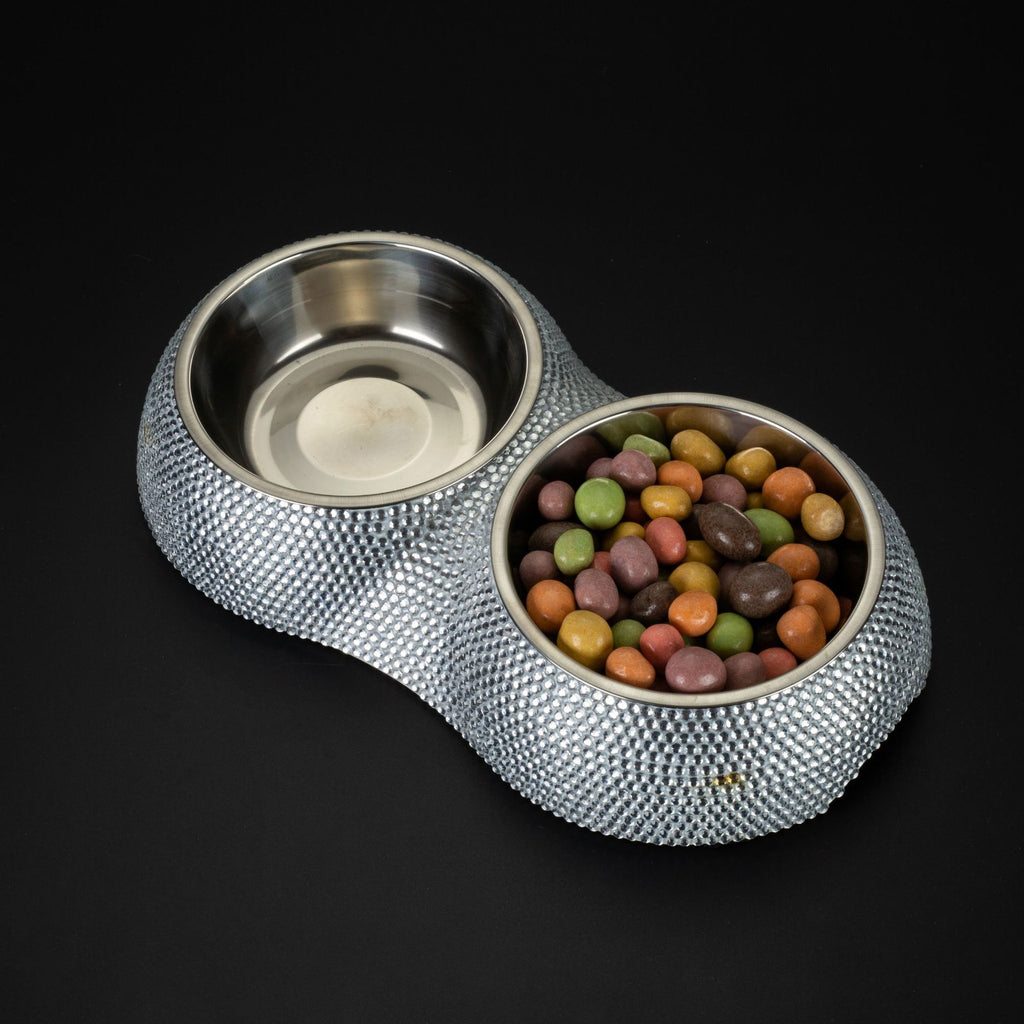 Diamond-Studded Stainless Steel Double Dog Bowl – Elegant Pet Feeder