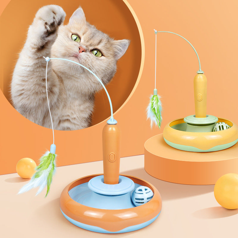 2-in-1 Interactive Cat Toy – Feather Turntable for Self-Play